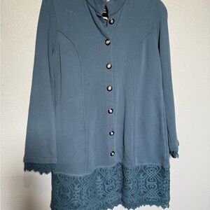 Soft Surrounding Blue Button-Up Coat‎ with Lace Trim- SP